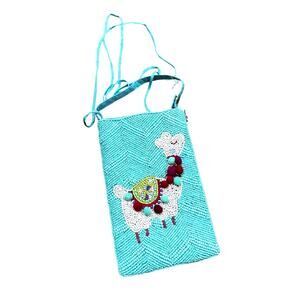 Bamboo Trading Company beaded club bag aqua blue llama motif novelty purse